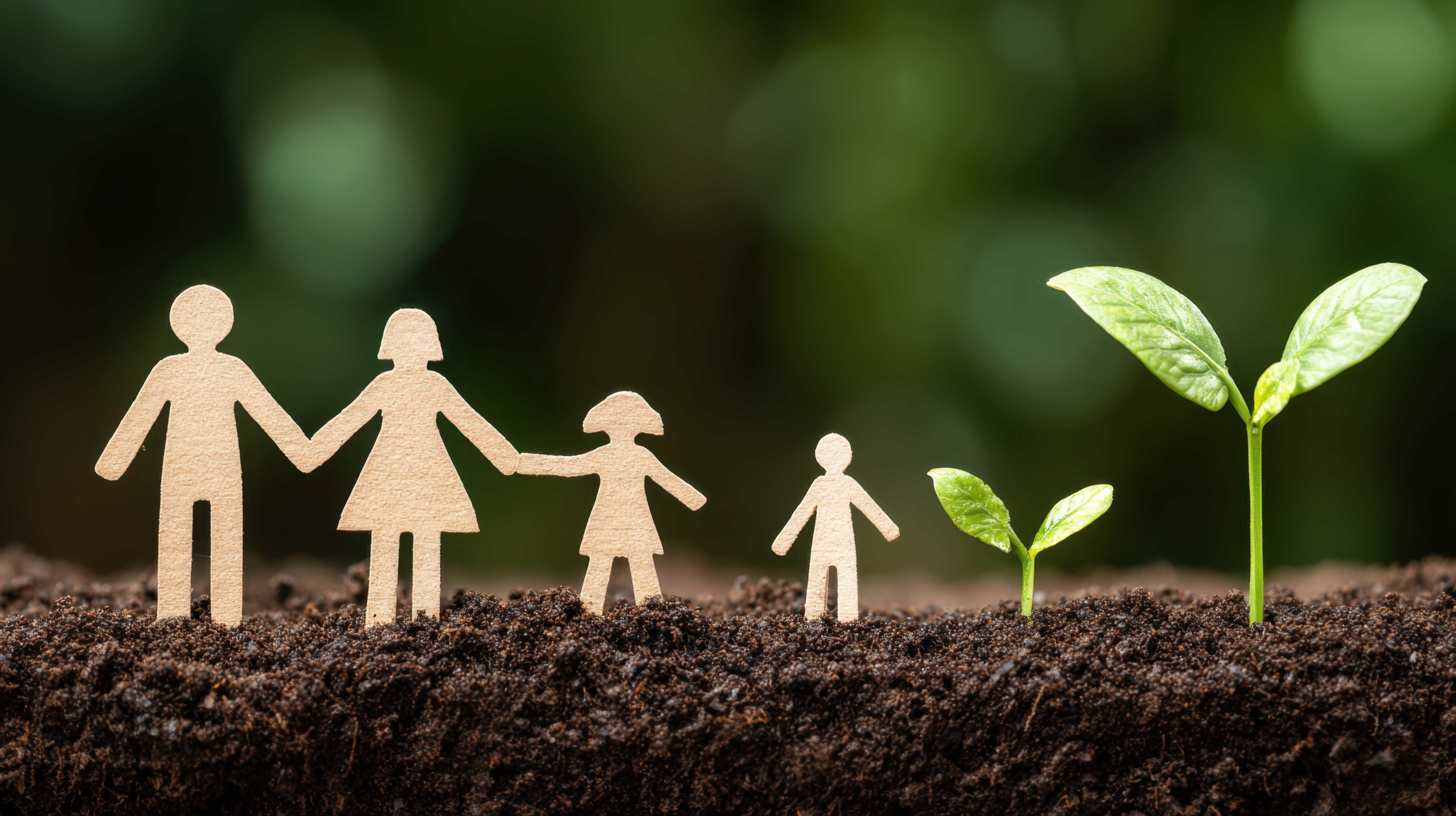 Family paper cutouts in soil with a growing plant